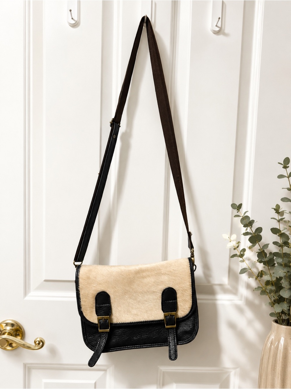 Two-Tone Black and Cream Crossbody Messenger Bag